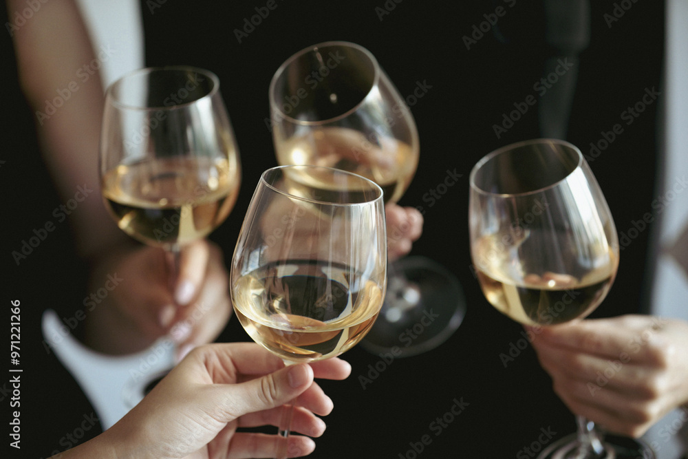 Wall mural People clinking glasses of wine indoors, closeup