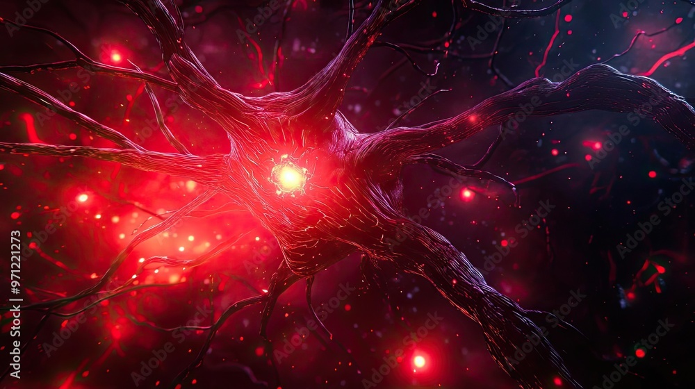 Aufkleber abstract representation of a neuron with glowing red energy and intricate connections, illustrating 