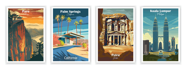 Set of 4 Vintag travel posters, Vintage travel illustrations, Vector colorful illustrations. Trendy printable wall art with beautiful landscapes. 