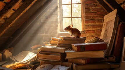 Curious Mouse in Attic with Sunbeams and Books