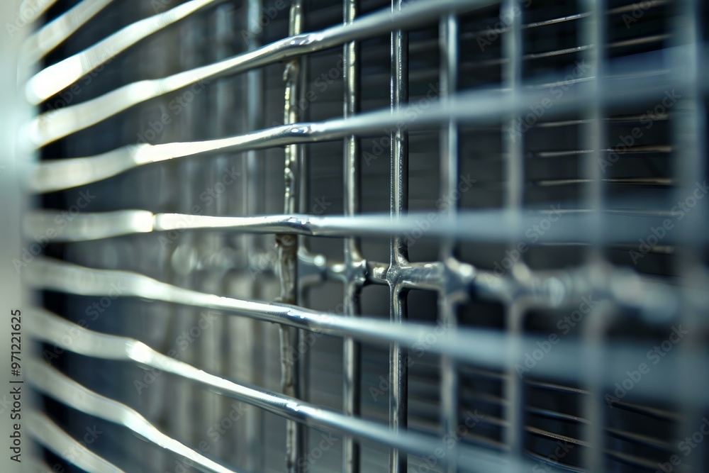 Poster shiny metallic grille reflecting light with a shallow depth of field