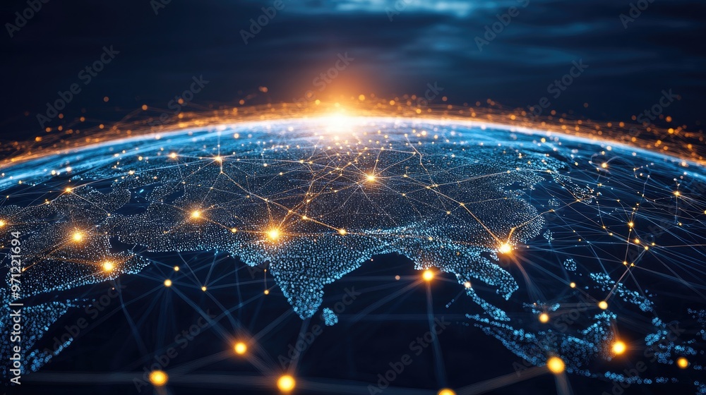 Poster abstract digital network with glowing lines connecting around the globe, representing the flow of gl