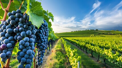 Scenic Organic Vineyard with Grapes Ready for Harvest Under Bright Blue Sky