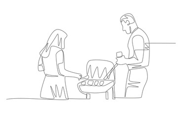Couple burning barbeque. Barbequing with friends or family concept one-line drawing