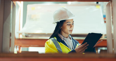 Inventory, tablet and freight with woman in warehouse for logistics, supply chain or shipping....