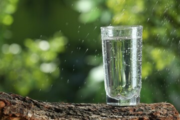 Soda water in glass on wooden surface under drops outdoors, space for text