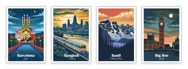 Set of 4 Vintag travel posters, Vintage travel illustrations, Vector colorful illustrations. Trendy printable wall art with beautiful landscapes. 