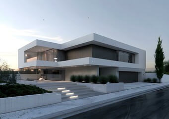 Modern Minimalist Home Exterior Design With White Walls and Glass Windows