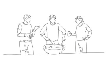 Three friends having fun barbeque. Barbequing with friends or family concept one-line drawing