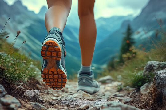 Hiking in the mountains. Female legs with sports shoes and backpack running on a trail mountain