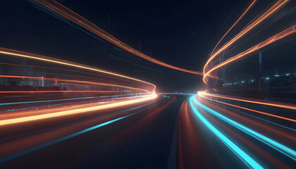 3d render motion line of speed and power or light trails. High-speed light with curve movement beam. 5G Technology fast and futuristic background. Abstract motion blur.