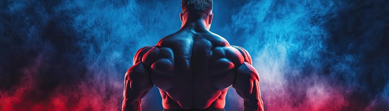 A powerful athlete stands in dramatic lighting, showcasing muscular strength and dedication. Perfect for fitness and motivation themes.