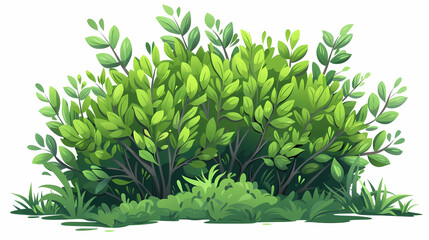 Cute green bush from the forest cartoon, isolated nature object for kids design. Branches and leaves of a fluffy bush isolated on a white background. Vector hand drawn illustration in paper cute style