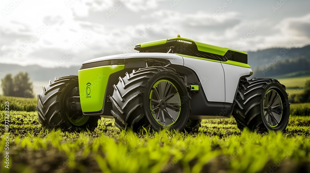 Poster autonomous farming robot navigating through lush green field