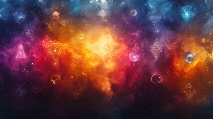 Fototapeta premium Mystical Watercolor Symbols in Ethereal Cosmic Landscape