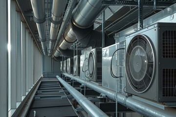 Ventilation system ducting and cooling fans supplying fresh air to a modern building