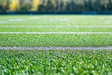 Green field in american football stadium. ready for game in the midfield.
