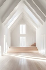 Fototapeta premium Minimalist White Interior Design With Wooden Floor And Stairs