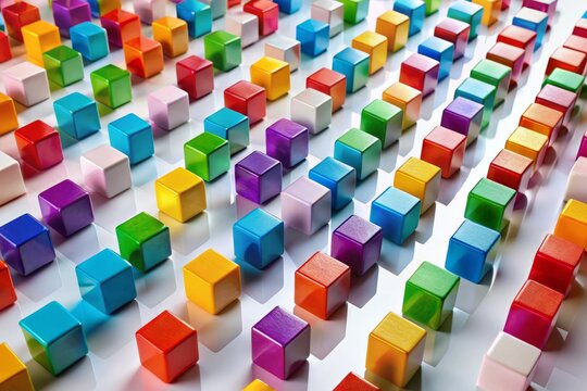 Cuberdons scattered in a diagonal line across a pure white expanse, their vibrant colors and delicate shapes creating a captivating visual rhythm.