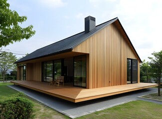 Modern Wooden House with Large Windows and a Deck