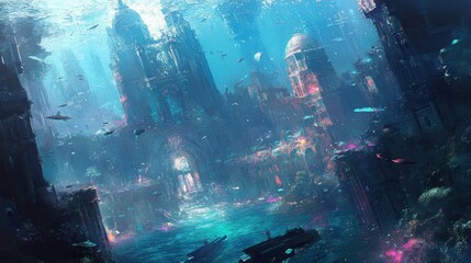 Fototapeta premium An underwater cityscape filled with ruins, vibrant marine life, and mystical lighting.
