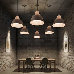 Brick concrete room with five ceiling lamps
