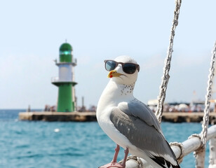 Möwe cool mit Sonnenbrille im Hintergrund der Leuchtturm Warnemünde