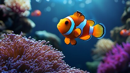 A clownfish swims peacefully near a coral reef, deep in the ocean�s embrace.