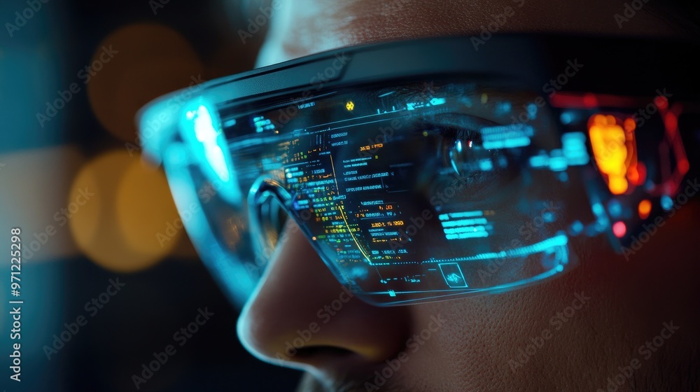 Aufkleber augmented reality glasses projecting holograms in front of the wearer, showcasing futuristic data ov