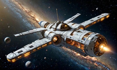 Obraz premium Futuristic Spacecraft Orbiting Earth in Galaxy