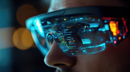 Augmented reality glasses projecting holograms in front of the wearer, showcasing futuristic data overlays and interactive elements.