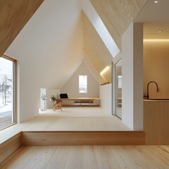 Modern Minimalist Home Interior Design with Wooden Floor and Sloped Ceiling