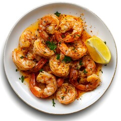 Grilled shrimp with lemon and herbs on a white plate