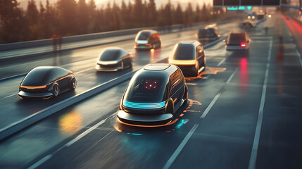 Autonomous vehicles driving on highway. Generative AI illustration 