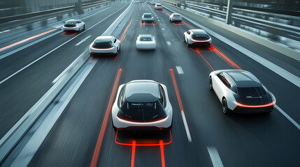 Fototapeta premium Autonomous vehicles driving on highway. Generative AI illustration 