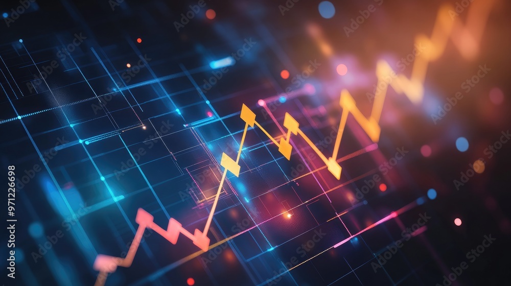 Poster business graph showing an upward trend, with arrows and data points indicating growth and success on