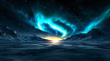 Fototapeta premium The northern lights dance in the sky over snowy mountains, painting the night in vibrant hues.