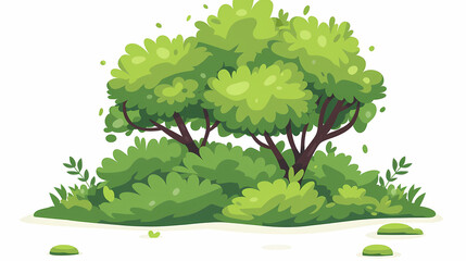 Fototapeta premium Cute green bush from the forest cartoon, isolated nature object for kids design. Branches and leaves of a fluffy bush isolated on a white background. Vector hand drawn illustration in paper cute style