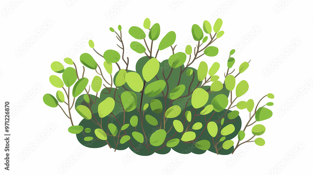 Wall mural cute green bush from the forest cartoon, isolated nature object for kids design. branches and leaves