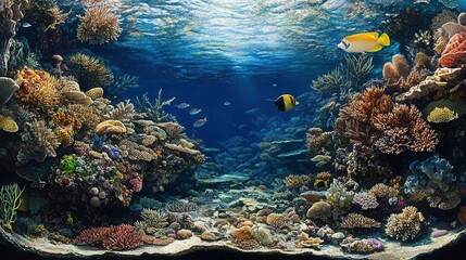 Cutaway of a coral reef displaying different species of marine life and coral structures