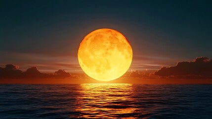 The full moon rises over the ocean as the last rays of the sun fade, creating a magical moment.