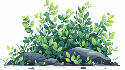 Obraz premium Cute green bush from the forest cartoon, isolated nature object for kids design. Branches and leaves of a fluffy bush isolated on a white background. Vector hand drawn illustration in paper cute style