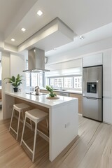 Modern Kitchen Design with White Countertops and Wooden Floor
