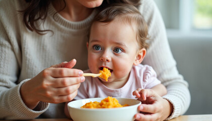 Happy mother feeding her baby with mashed fruit from a bowl, child care, mother care concept, 
