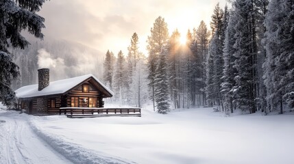 Naklejka premium A tranquil winter scene featuring a cozy cabin in a snowy forest, illuminated by soft sunlight peeking through the trees.