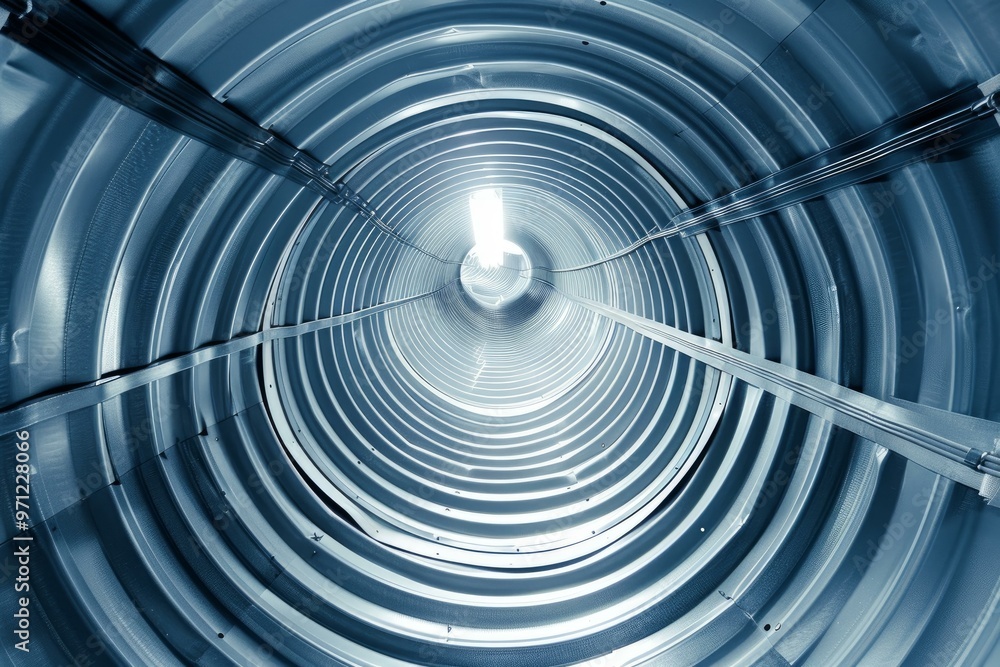 Poster light is illuminating the end of a long, round metal tunnel structure showing diminishing perspectiv