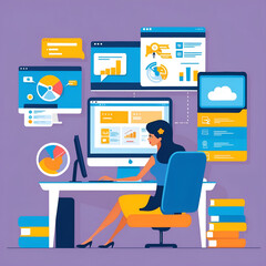 Businesswoman working in remote, home or office online work charts. Flat vector illustration. Minimalist