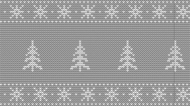 Christmas Animation. Moving Knitted Pattern with White Fir Trees and Snowflakes on Gray Background. Loop Background. Winter Ornament. Banner. Seamless Border