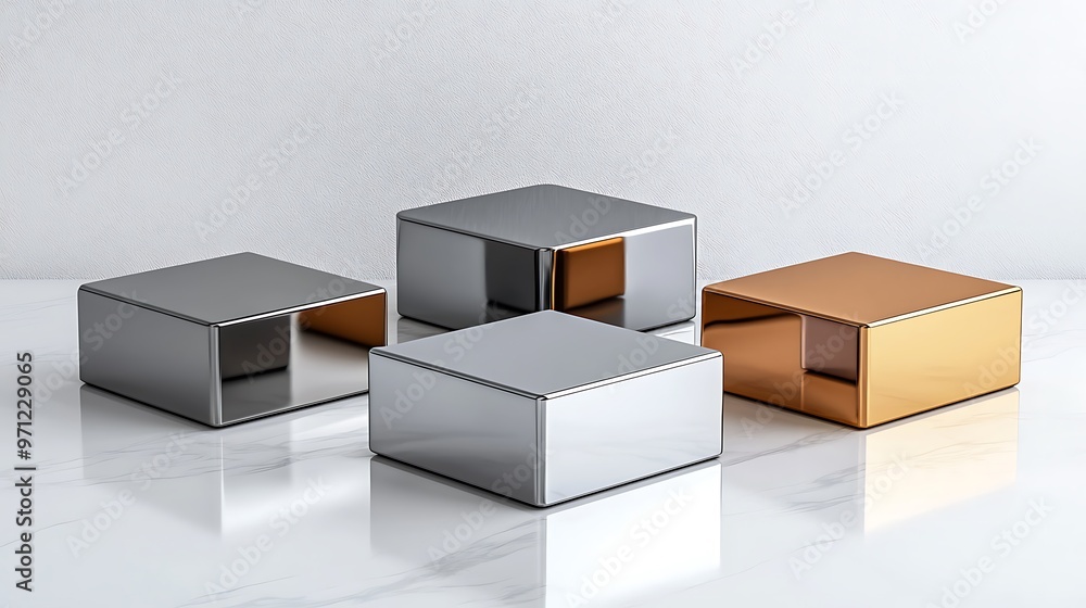 Poster metallic cubes rest on a marble background, creating a striking modern abstract design.