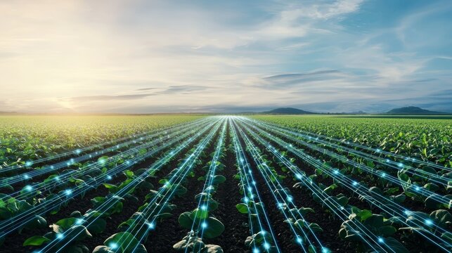 A futuristic view of an expansive field showcasing smart farming technology under a vibrant sky at sunrise.